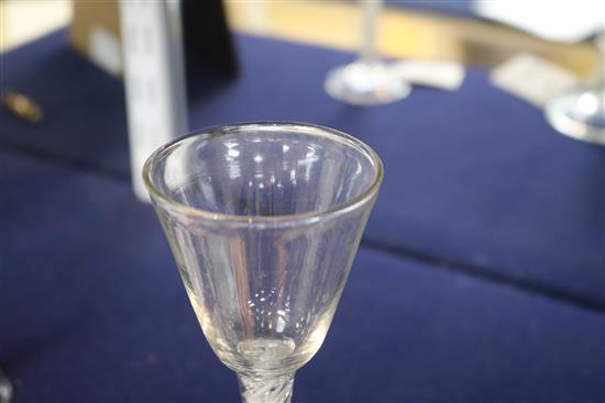 A wine glass with knopped opaque and mercury twist stem, c.1755, with bucket bowl, 6.25in.